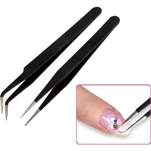 2 Pcs Antistatic Electroplating Nonmagnetic Stainless Steel Curved Straight Eyebrow Tweezers Nail Art DIY Necessary