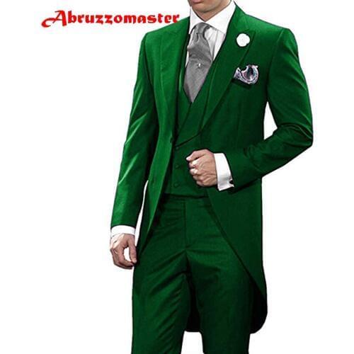 Abruzzomaster Green Morning Suits Custom Made Man Suit jacket+Double Breasted Vest+ Pants for Groom Tuxedos Groomsman Suit