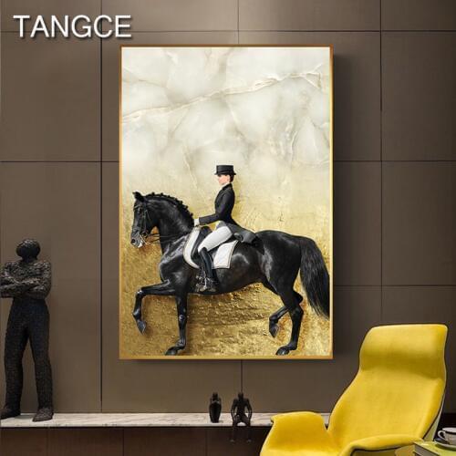 Abstract Golden Horse Knight In Black Cloth Canvas Art Expensive Poster Luxurious HD Wall Pictures for Living Room Tableau Salon