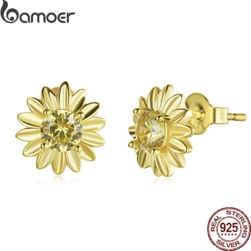 Bamoer Luxury Golden Crystal Sunflower Stud Earrings 925 Sterling Silver Earrings for Women Statement Fashion Ear Jewelry BSE504