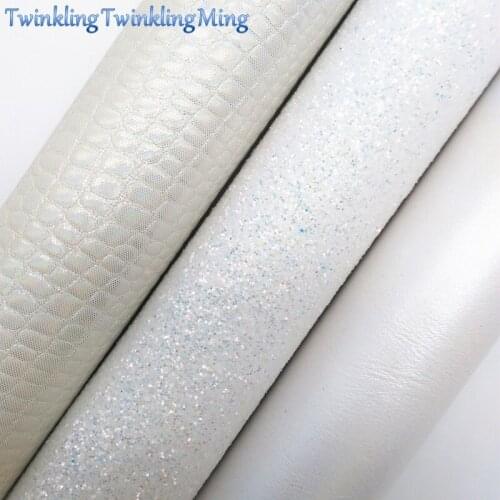 WHITE Glitter Fabirc, Faux Leather Fabric, Iridescent Crocodile Leather Fabric Sheets For Bow A4 8"x11"Twinkling Ming XM467