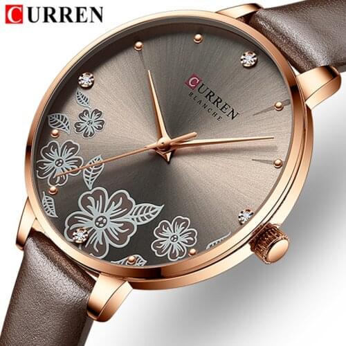 CURREN Watches Women Brand Leather Quartz Wristwatches Luxury Design Clock for Ladies Charm Flowers Dial Gifts Montre Femme