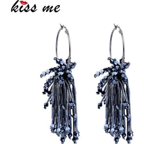 KISS ME Black / White / Blue Beads Chandelier Big Earrings Classic Fashion Tassel Hoop Earrings Women Party Jewelry