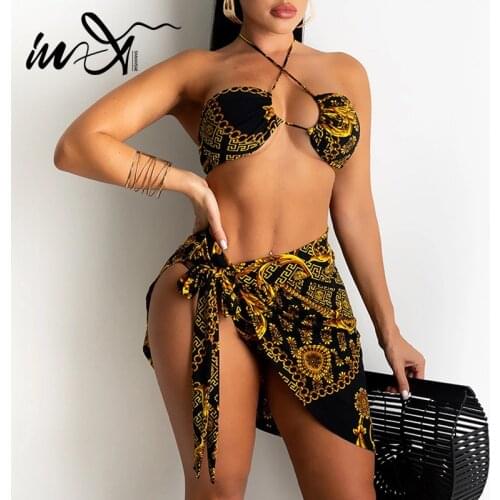 In-X Paisley 3-piece bikini set Halter swimsuit womens swimming suit Skirt swimwear women 2021 Sexy bathing suit biquini summer