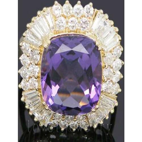 LOVERJEWELRY Vintage Fine Jewelry Women Rings Cushion 14kt Gold 9.80Ct Natural Diamond Purple Amethyst Wedding Ring SR0002