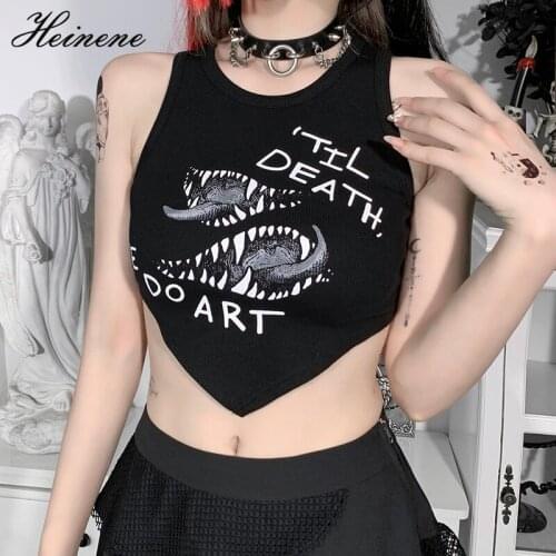 Heinene Gothic Harajuku Letter Print Tanks Y2K Punk Bodycon Sleeveless Summer Cropped Tops Women Grunge Round Neck Tank Tops