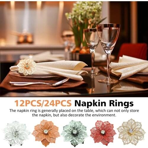12-24pcs Home Table Metal Party Towel Hotel Holder Serviette Banquet Mesh West Dinner Crystal Flower Napkin Rings Wedding Decor