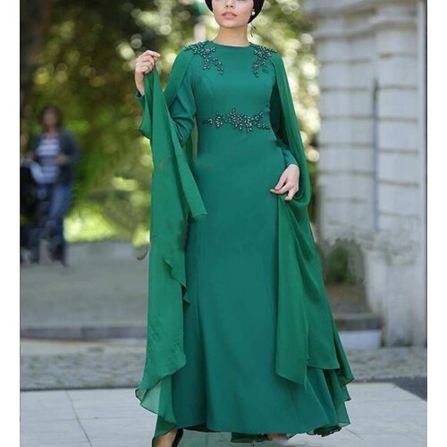 Muslim Arabic Evening Dresses with Cape 2020 Jewel Crystal Beaded Long Sleevse Prom Dress Kaftan Special Occasion Evening Party