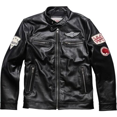 Mens Genuine Leather Jacket Slim Casual Top Layer Cowhide Jacket Multi-standard Embroidered Motorcycle Jacket