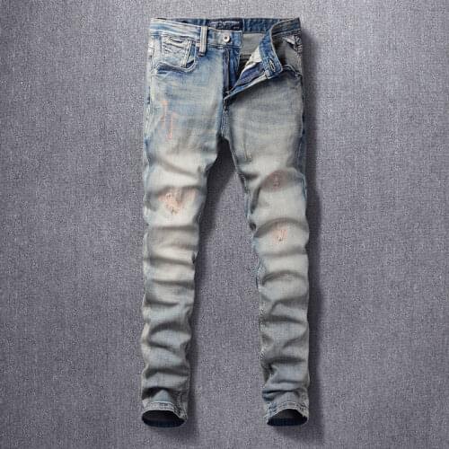 Newly Streetwear Fashion Men Jeans High Quality Retro Yellow Blue Slim Fit Ripped Jeans Men Embroidery Designer Denim Punk Pants