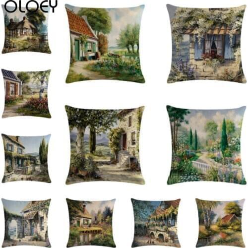 Country Scenery Oil Painting Printed Cotton Linen Cushion Cover Decorative Throw Pillow Case Living Room Garden Home Decoration