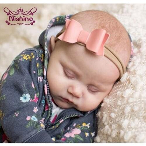 Nishine New Elastic Nylon Pu Leather Bow Headband Girls Children Party Headwear Birthday Gifts Photo Shoots