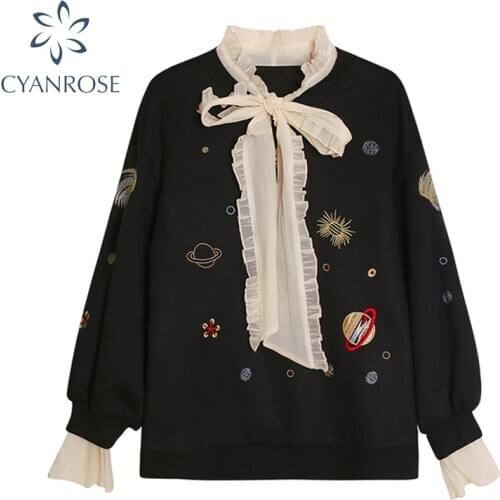 2020 Autumn Women Sweatshirt Patchwork Mesh Lace Bow Fake Two Piece Pullover Tops Sweet Casual Oversized Female Sweatshirts