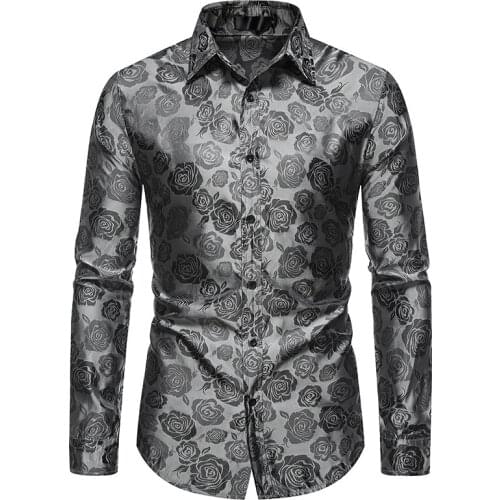 PARKLEES 2021 Rose Jacquard Men Shirt Button Up Slim Long Sleeve Shirts Floral Vintage Wedding Bridegroom Dress Chemise Homme
