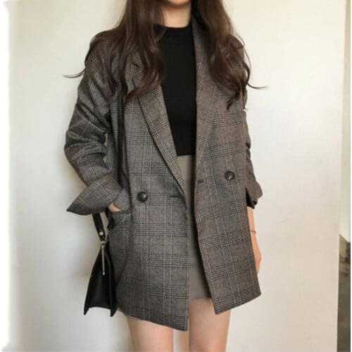 Autumn Winter Women Slim Plaid Tweed Jacket Female Fashion Single Breast Wool Grey Coffee Coat Elegant Vintage Blazer Outwear