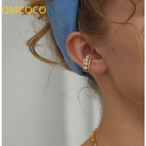 QMCOCO Trend Light Luxury Zircon Pearl Earring 925 Silver Korean Temperament Simple Ear Bone Clip Female Personality Party Gifts