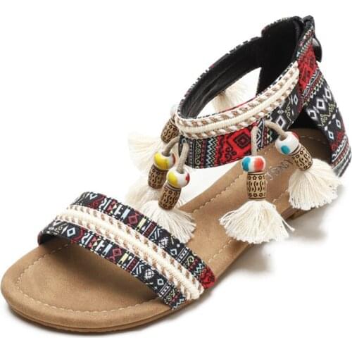 Wedge heel sandals female summer fairy style open toe round toe bag with drop beads travel Roman sandals