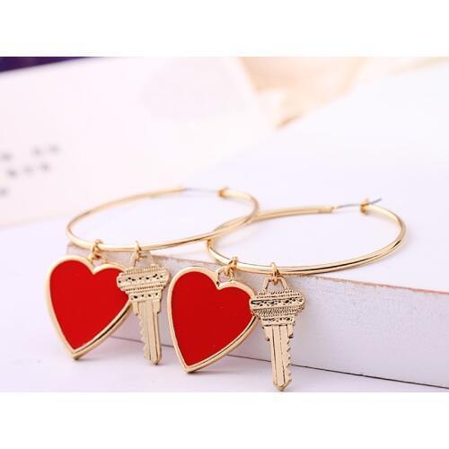 Handmade Gold Color Red Enamel Heart Key Hoop Earring For Women Wholesale Jewerly Accessory