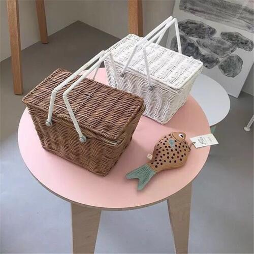 Ins Net Rattan Woven Small Basket Baby Outdoor Travel Picnic Basket Storage Basket Photography Props Summer Wicker Basket Bag