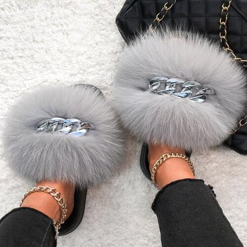 Real Fox Fur Slippers Fluffy Flip Flops Silver Chain Raccoon Fur Slides Summer Sandals House Plush Slippers Women Fashion Shoes