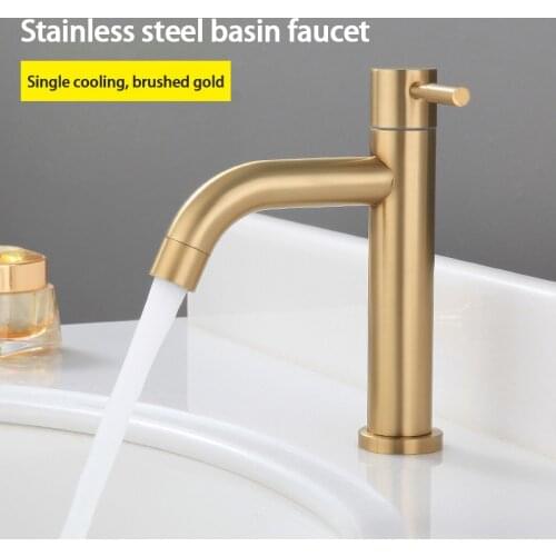 Basin Faucet SUS304 Brushed Gold Stainless Steel Bathroom Faucet Single Cold Deck Mounted Bathroom Vessel Sink Tap Without Hose