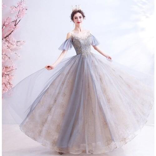 Evening Dresses Illusion O-Neck Short Off The Shoulder Sequined Backless Tulle Lace Blue Vintage Women Formal Party Gown TS093