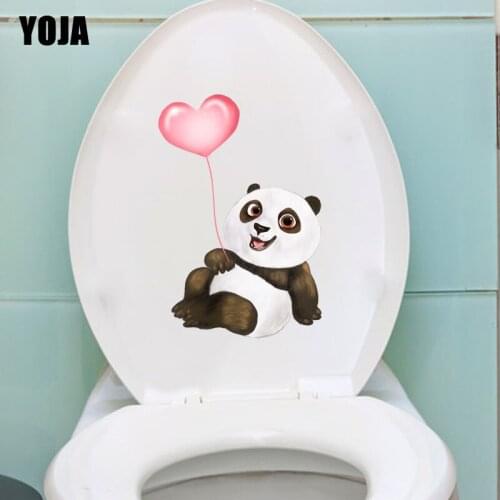 YOJA 16.2X24.1CM Happy Panda And Love Balloon Home Decor Funny Cartoon Toilet Decal Wall Sticker T3-1136