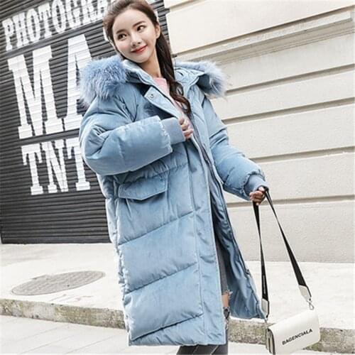 Cotton Women 2019 Winter Fashion New Gold Velvet Long Section Cotton Jacket Over The Knee Big Fur Collar Hooded Warm Cotton Tide