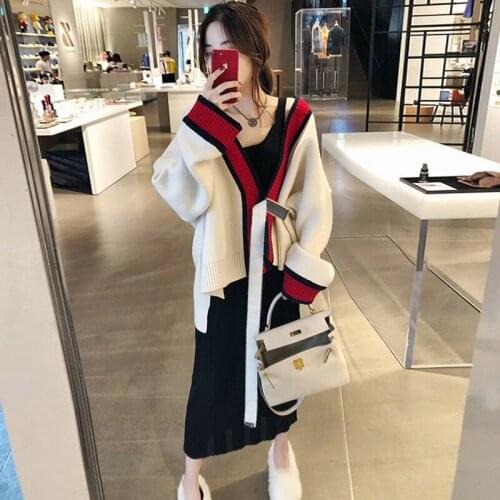 Womens Autumn 2piece Set Long Red Edge knitted cardigan sweater ladies bodycon dress Fashion Style Girl High Street Tops Dress