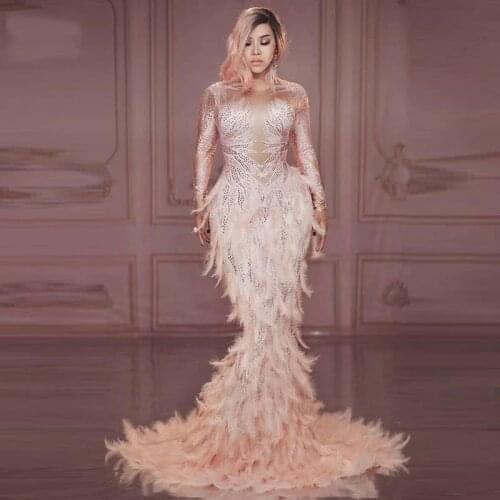 Luxury Rhinestones Pink Feathers Mermaid Long Dress Evening Party Performance Women Singer Host Models Catwalk Trailing Dress