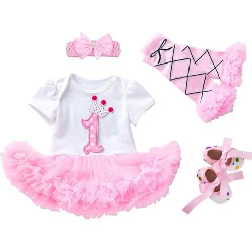 1st Birthday Dress Baby Girl Outfits Pink Crown Pattern Lace Party Baptism Princess Dress for Toddler Infant Clothes Set 9M 12M
