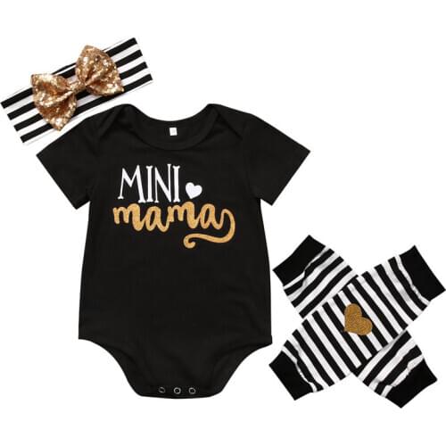 3Pcs Newborn Infant Baby Girl Cotton Clothes Letter Mini Mama Bodysuit+Legging Warmer +Headband Girls Summer Outfits Set 0-18M