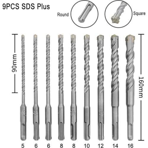 9PCS Electric Hammer Drill Bits 5/6/6/8/8/10/12/14/16mm Cross Tungsten Steel Alloy SDS Plus 90mm-160mm Round / Square Handle