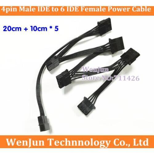Free Shipping 70cm IDE Power Supply Cable 4pin IDE Molex Male to 6 IDE Female Power Extension Connector Lead black