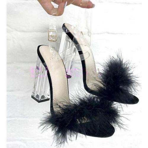 Black/pink fur crystal square heels PVC straps woman sandals transparent buckle strap slingbacks summer sexy heels dress sandal