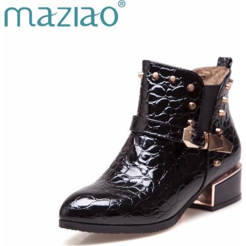 MAZIAO Top Quality Hot Fashion Women Ankle Boots Square Low Heels Buckle Motorcycle Boots Spring Autumn Pointed Toe Woman Shoes
