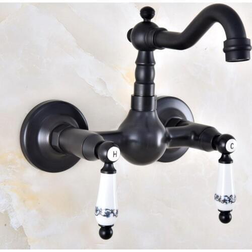 Black Oil Rubbed Bronze Bathroom Kitchen Sink Faucet Mixer Tap Swivel Spout Wall Mounted Two Handles mnf867