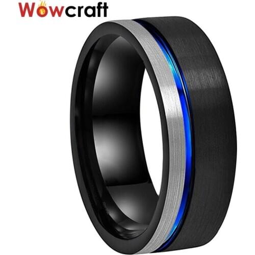 8mm Mens Womens Tungsten Carbide Wedding Band Rings Black Blue Plated Matte Finish Grooved Offset Comfort Fit Personal Customize