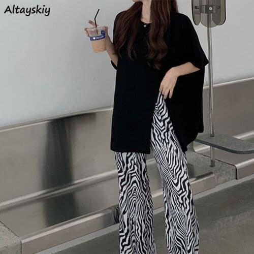 Sets Womens Slit O-neck T-shirts Zebra Print Wide Leg Pants Two Pieces Fashion Summer Loose Casual All-match Streetwear Mujer