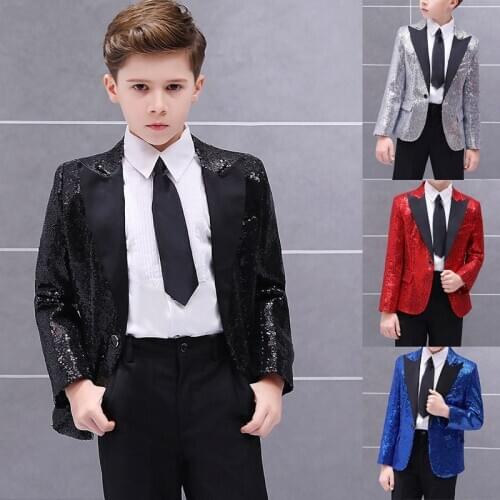 New Black Prom Party Boys Suits Shiny Stage Performance Tuxedo Kid Formal Wedding Suit Childrens Jacket with Pants set 2 piece
