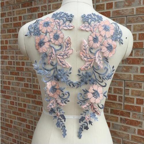 1 Pair Grey&Pink Embroidered Lace Applique Fabrics Embroidery Lace Collar Trims Wedding Bridal Appliques For Stage Costume Dress