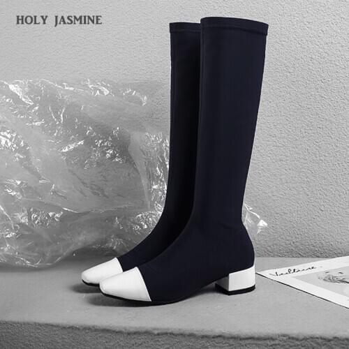 HOT Real Leather Women Boots New Spring/Autumn Knee-High Cow Leather Stretch Fabric Boots Breathable Microfiber Basic