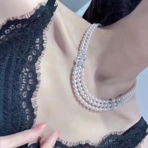 Flower zircon buckle multi-layer natural pearl necklace elegant ladies dress wedding jewelry accessories necklace