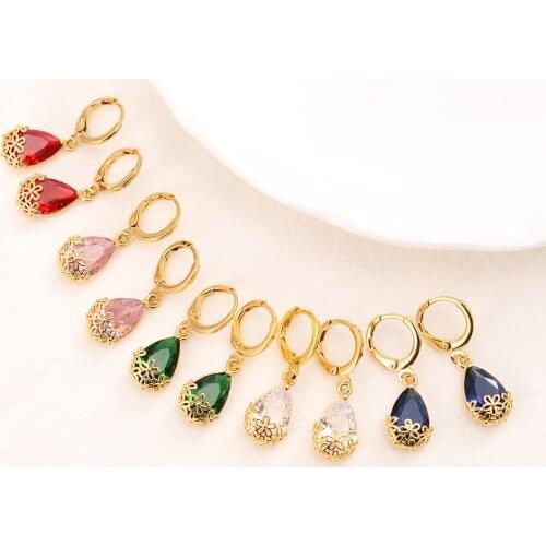 Trendy Luxury 24 K CT Gold GF CZ Water Drop Earring Bridal Accessories Cute Stone multiple colour select Elegant Women Jewelry
