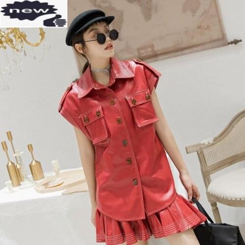 Spring New Women Sheepskin Short Sleeve Pockets Safari Coat Casual Loose Fit Genuine Leather Jacket Motor Biker Outwear