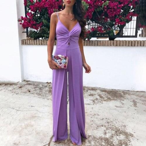 New Sling Jumpsuit Women Sexy Deep V Sleeveless High Waist Straight Pants Jumpsuits Female Elegant Party Lady Purple Bodysuit