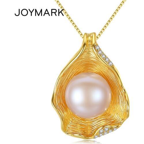 JOYMARK Cubic Zirconia Shell Design Natural Pearl Pendant Necklace Gold Color 925 Sterling Silver Jewelry For Women JPN302