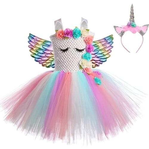 Girls Princess Unicorn Dress set tutu Kids Dresses for Gilrs Cosplay Birthdays Halloween Rainbow Unicorn Party Costume With Wing