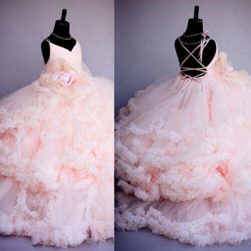 Pink Flower Pageant Dresses For Wedding Kids Ball Gowns Tiered Ruffles Backless First Communion Dresses For Girls