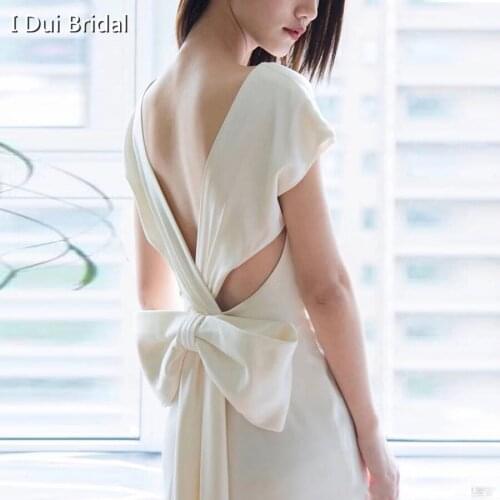 Simple Wedding Dress Casual Wear Boho Style V Neck Bow Tie Back Spandex Satin Short Sleeve New